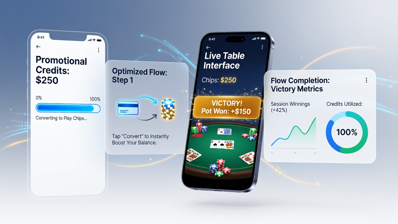 Mobile app interface showing navigation flow from promotional credits section to live dealer tables with clear menu paths and optimized buttons