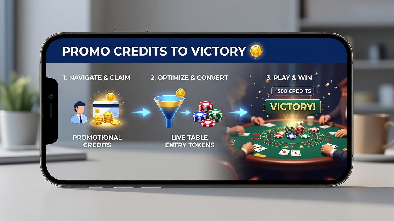 Detailed view of optimized mobile interface with live table selection screen connected to promotional credit balance display and navigation controls
