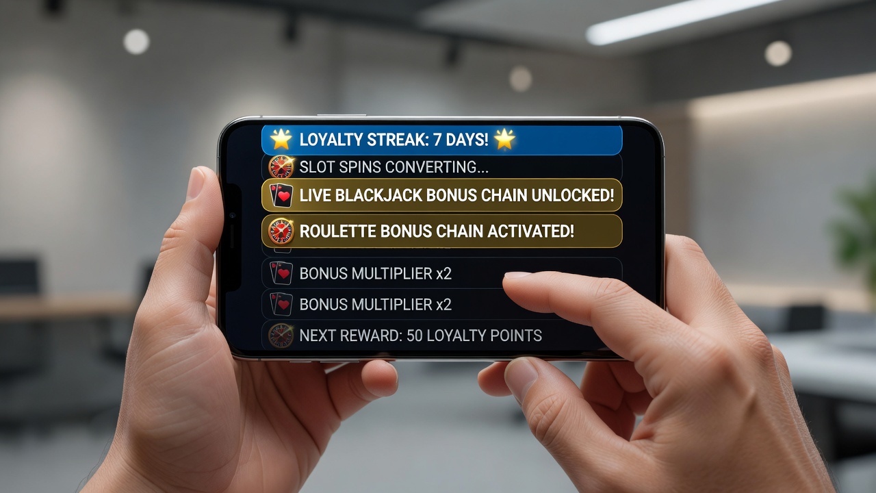 Mobile app screen showing slot game transitioning via notifications to live blackjack and roulette bonus offers