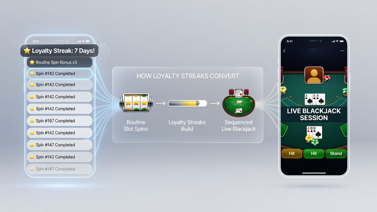 Smartphone display illustrating bonus chain progression from slots through notifications to roulette and blackjack tables
