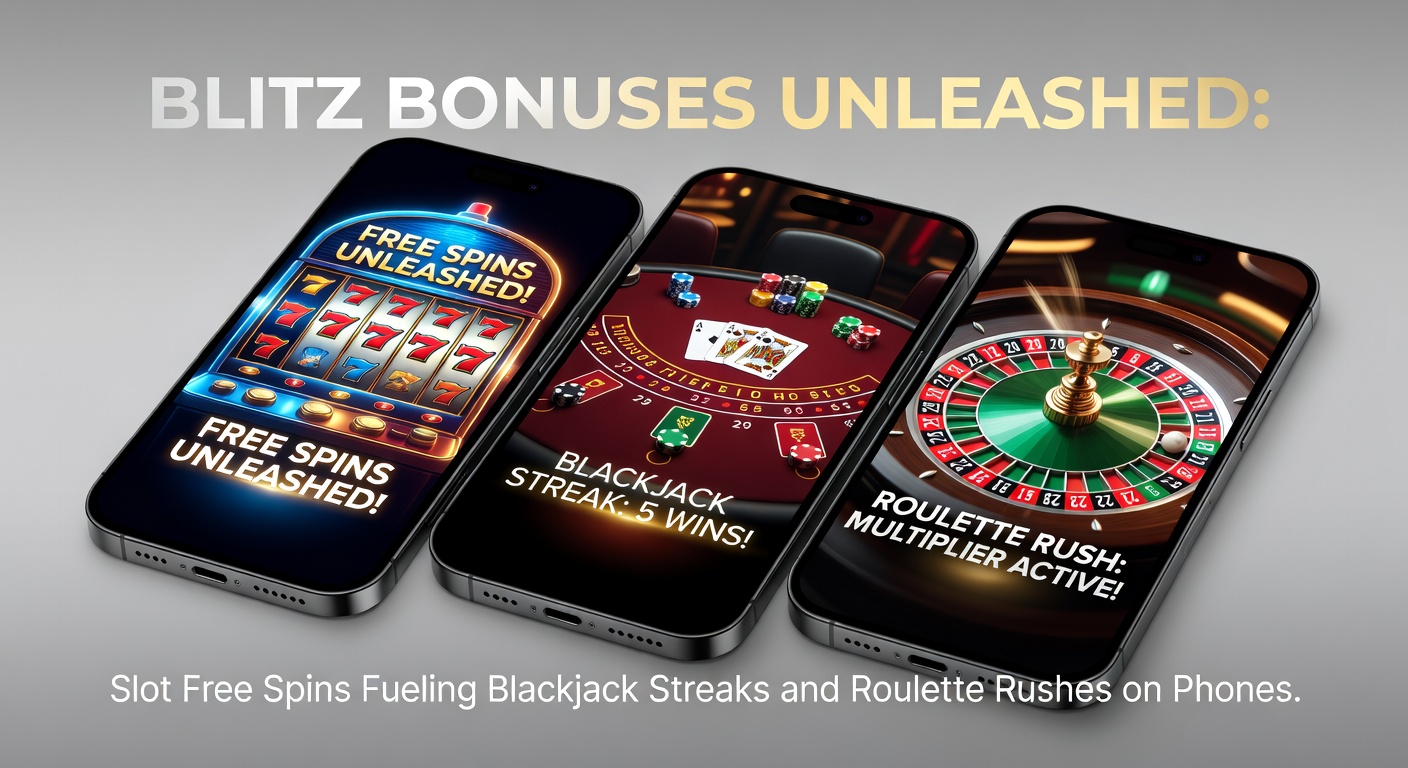Smartphone screen displaying vibrant slot free spins transitioning into blackjack and roulette games with bonus multipliers active
