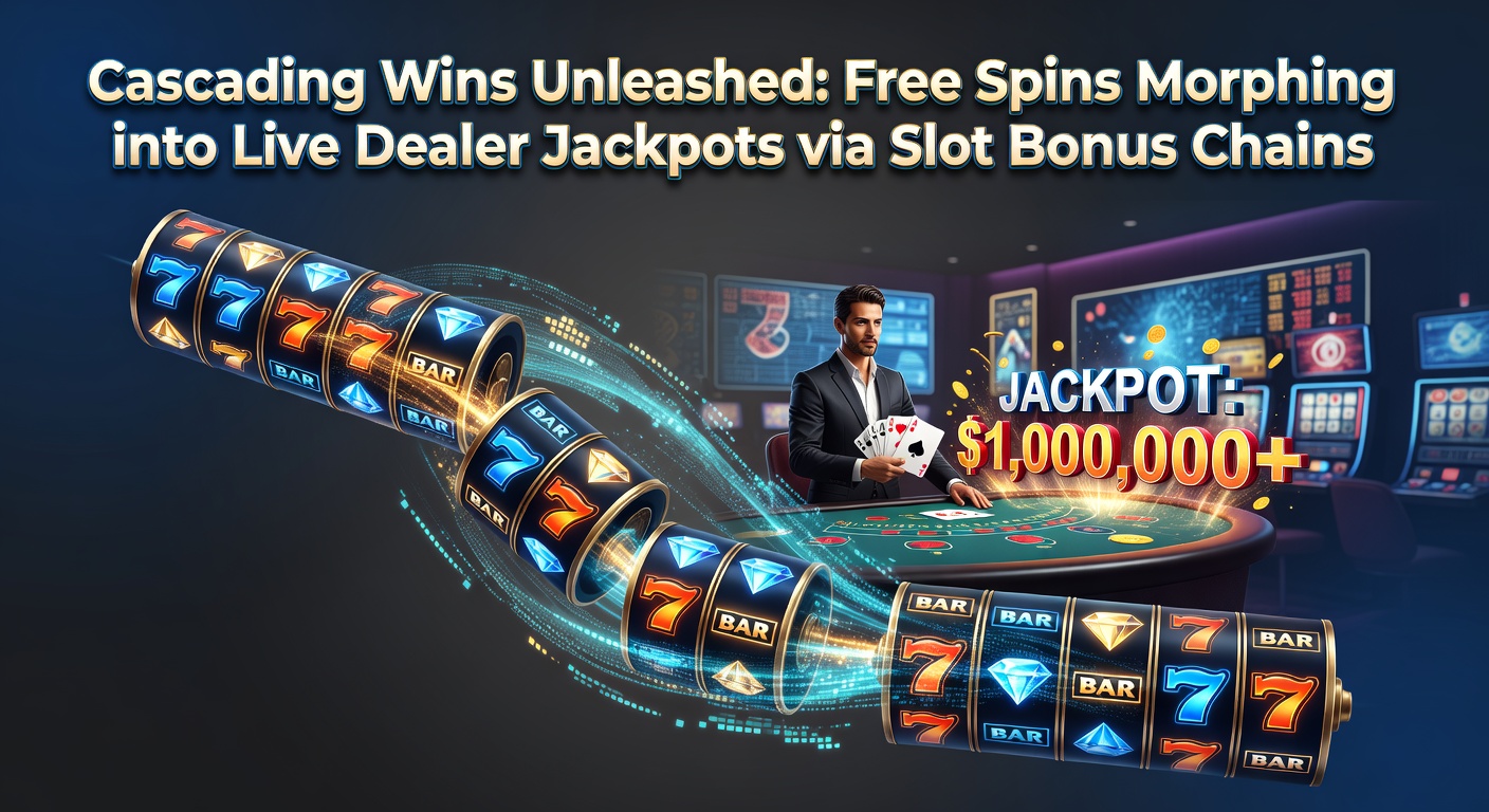 Vibrant slot reels cascading symbols downward, triggering free spins that chain into glowing jackpot meters linked to live dealer tables
