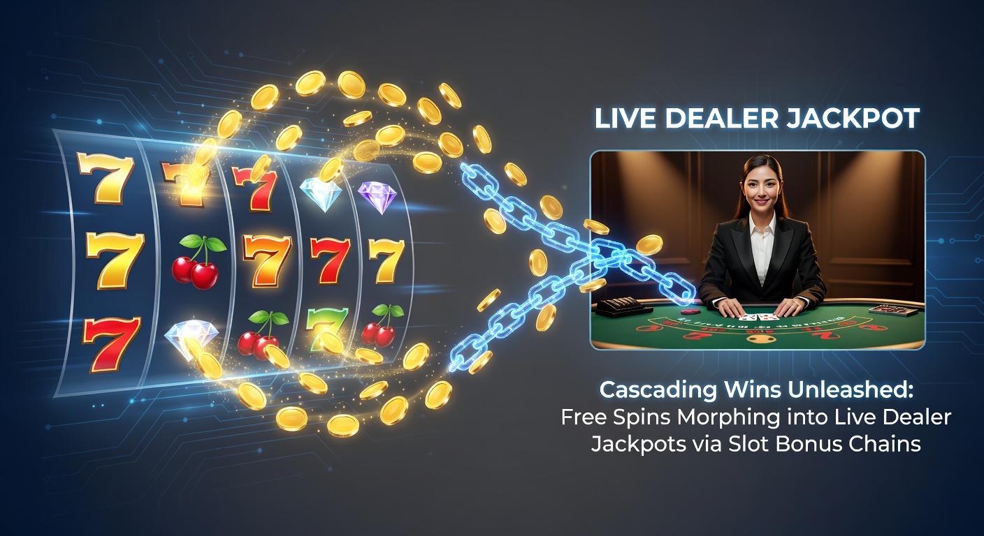 Live dealer at a blackjack table with overlaid slot cascade animations showing free spin jackpots feeding into progressive side bets