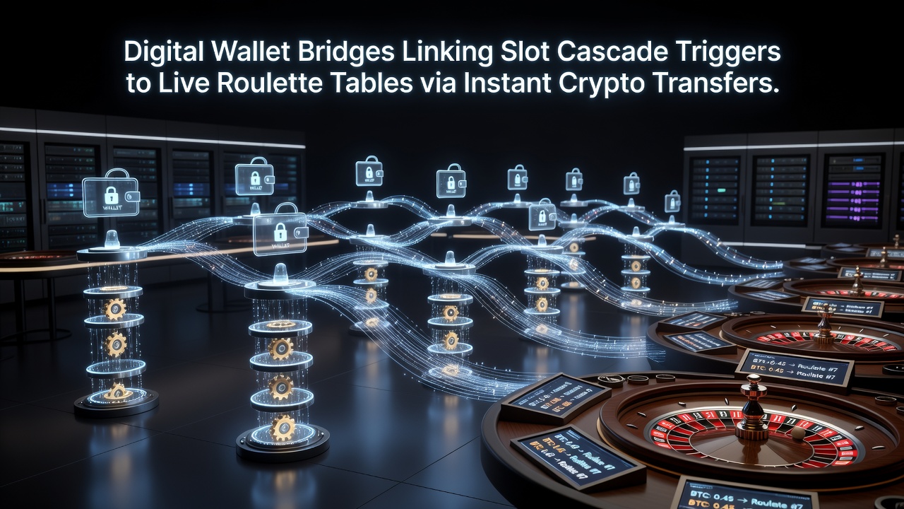 Digital wallet interface showing instant crypto transfer from slot cascade win to live roulette table balance