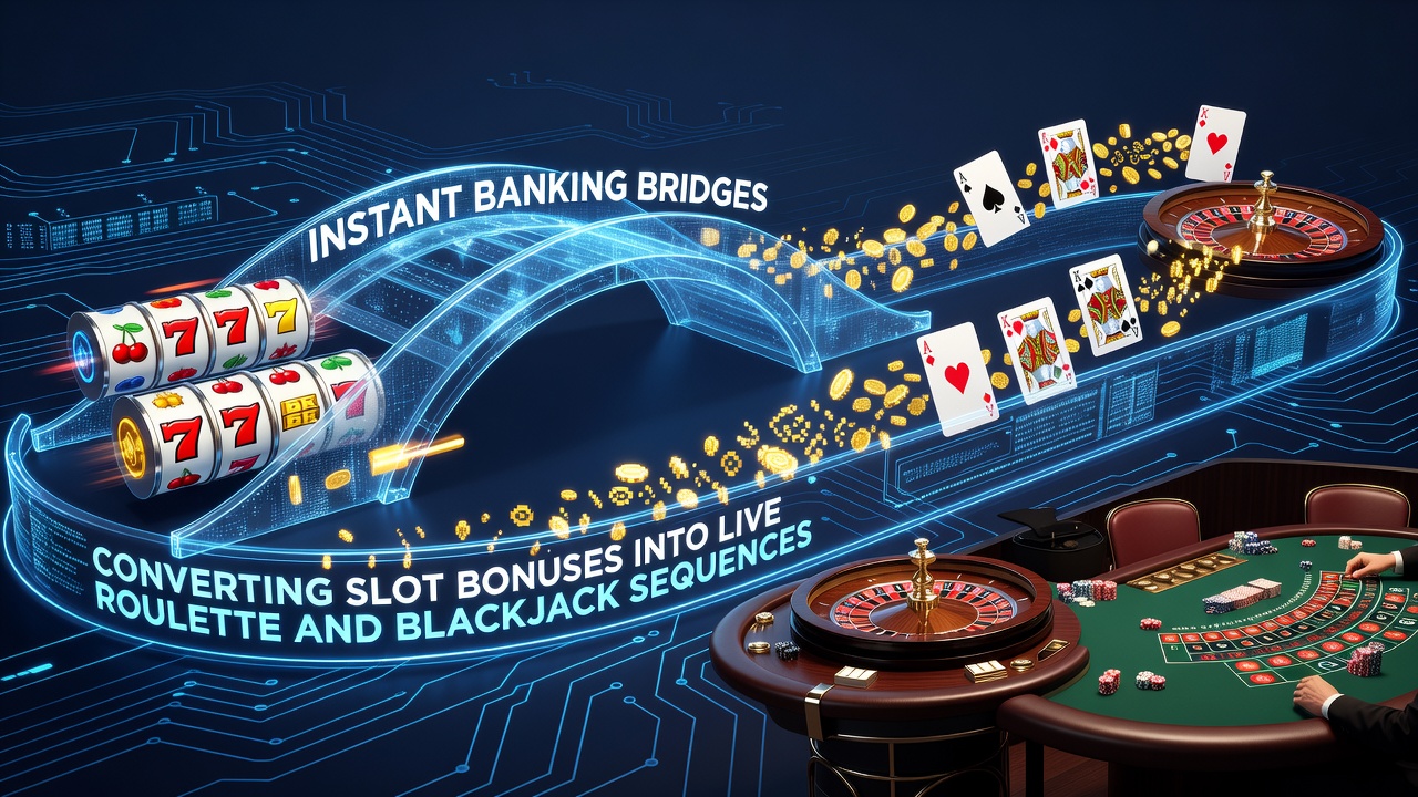 Illustration of digital banking bridges connecting slot machines to live roulette and blackjack tables