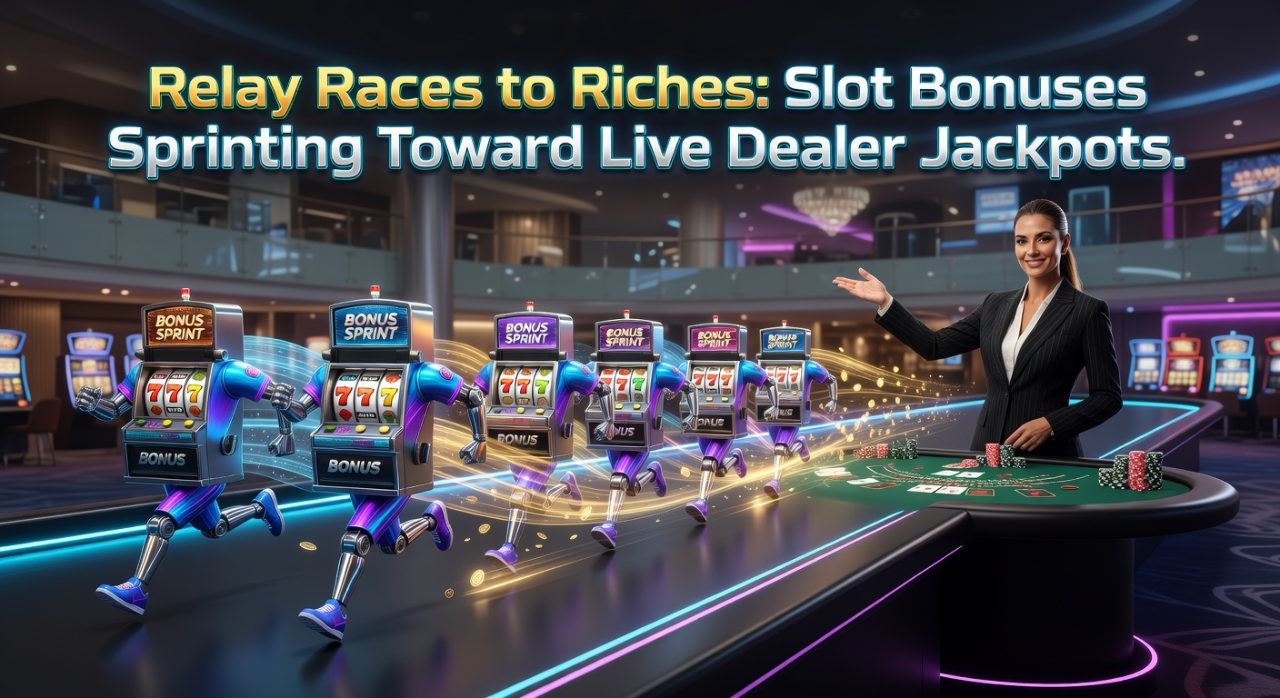 Close-up of a live dealer at a blackjack table receiving a glowing baton from slot symbols, illustrating the seamless bonus relay to jackpot potential