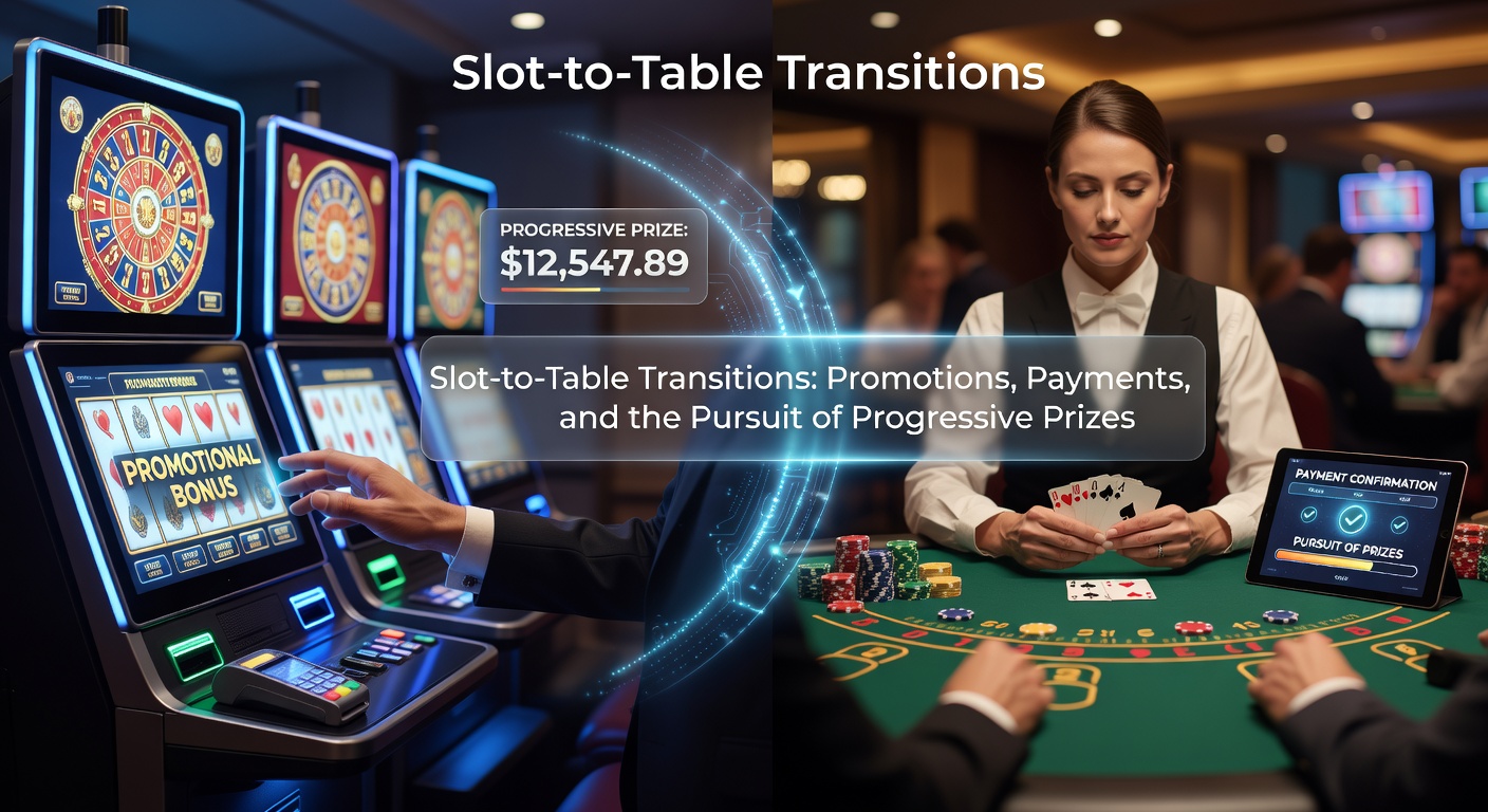 Vibrant casino floor showing slot machines transitioning to lively table games with progressive jackpot displays glowing in the background
