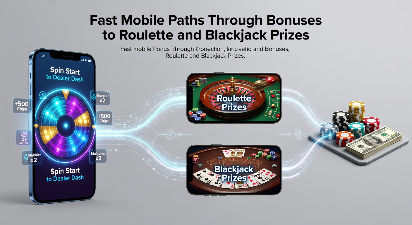 Dynamic graphic of bonus icons flowing from slot reels to blackjack and roulette tables on a mobile device