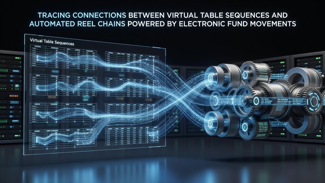 Digital network visualization showing connections between virtual table interfaces and automated slot reel systems through electronic payment flows