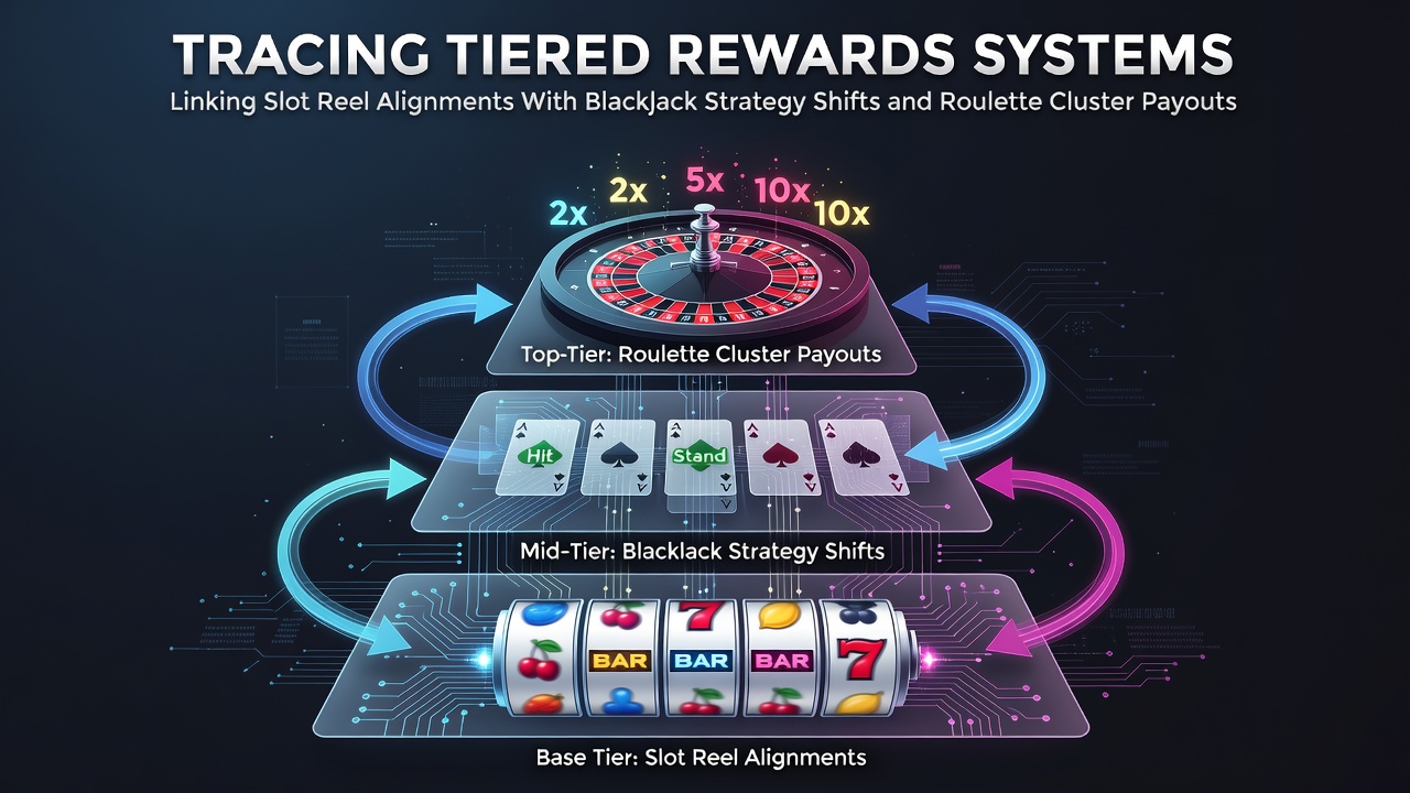 Diagram showing connections between slot reel positions, blackjack decision points, and roulette cluster formations in tiered reward tracking systems